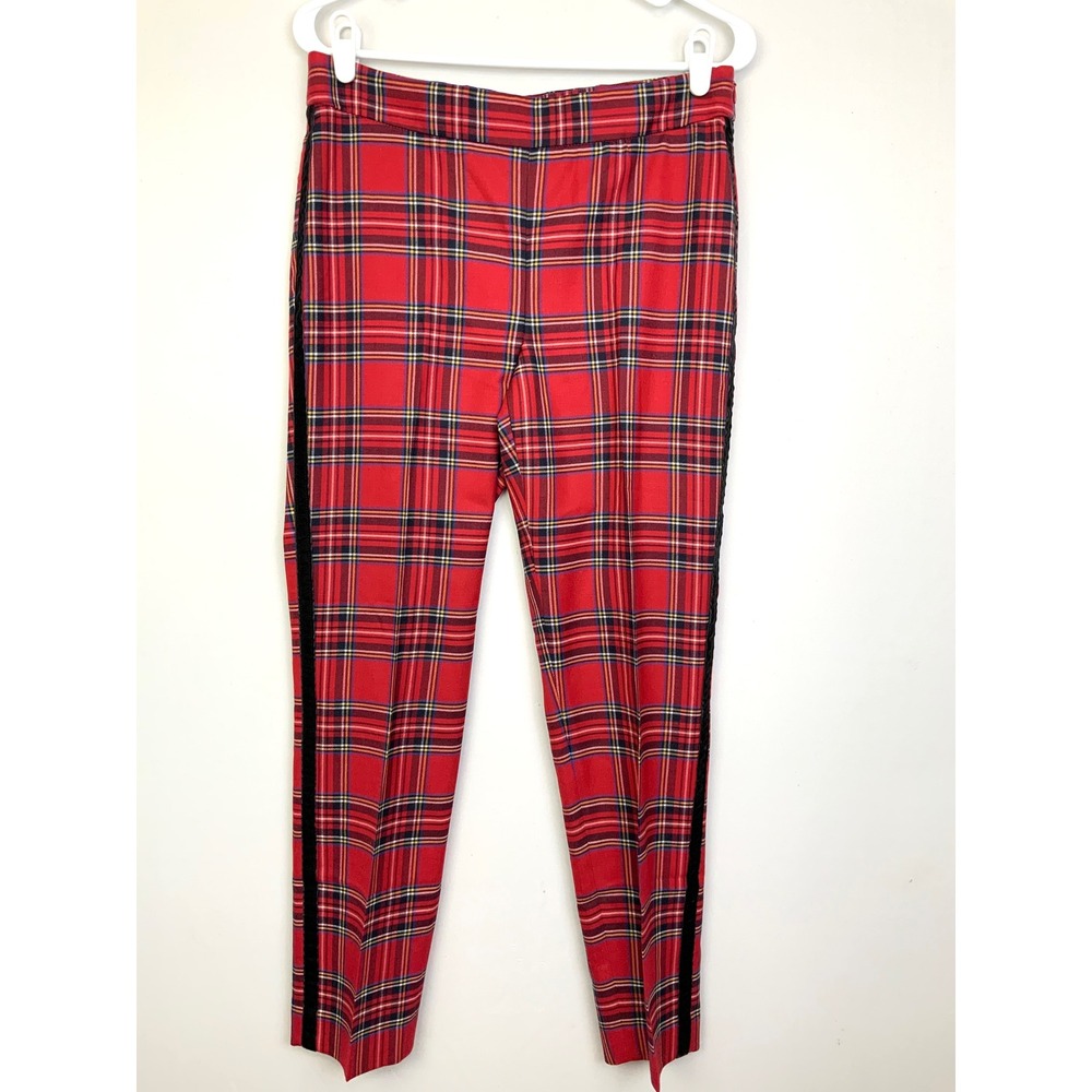 Talbots Wool Blend Tartan Plaid Black Velvet Stripe Side Zip Slim Ankle Pants 6